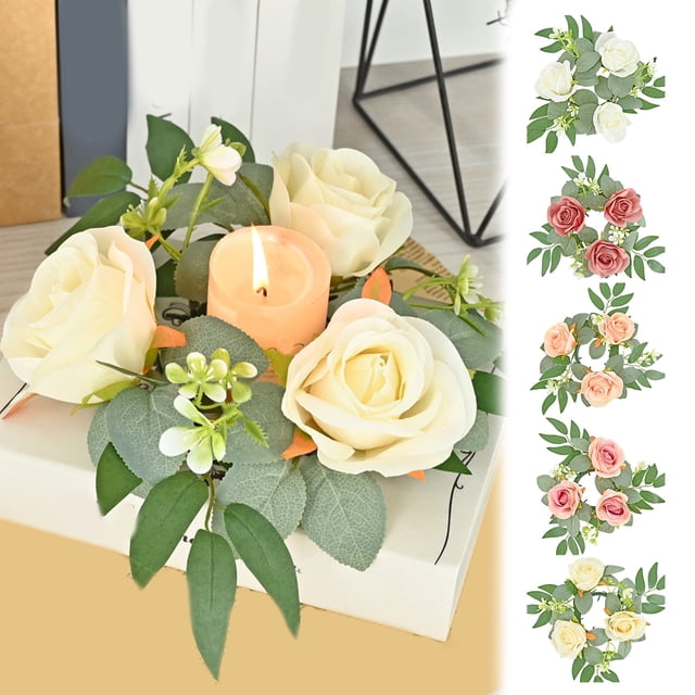 Anillo de flor de seda con corona de rosa artificial – Rosa, blanco, vino, amarillo – guirnalda decorativa de hojas de 10,6" para centro de mesa, bodas, San Valentín, decoración de candelabros de