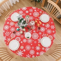Round Christmas Vinyl Tablecloth with Elastic Edge, Snowflake PVC Table Cloth 100% Waterproof Red Fitted Table Cover for Holiday Patry, 40"- 44"