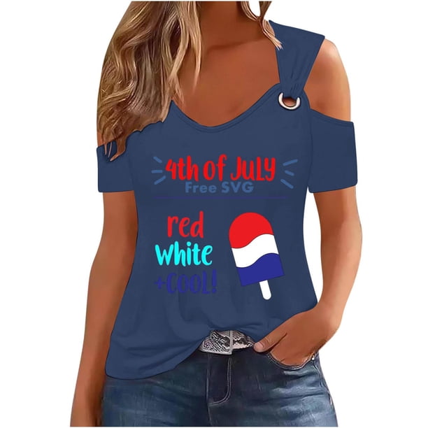 Tops de Hombro Frío para las Mujeres Día de la Independencia Impreso Fuera Del Hombro Blusa con Cuello en V, Fuera Del Hombro de las Mujeres
