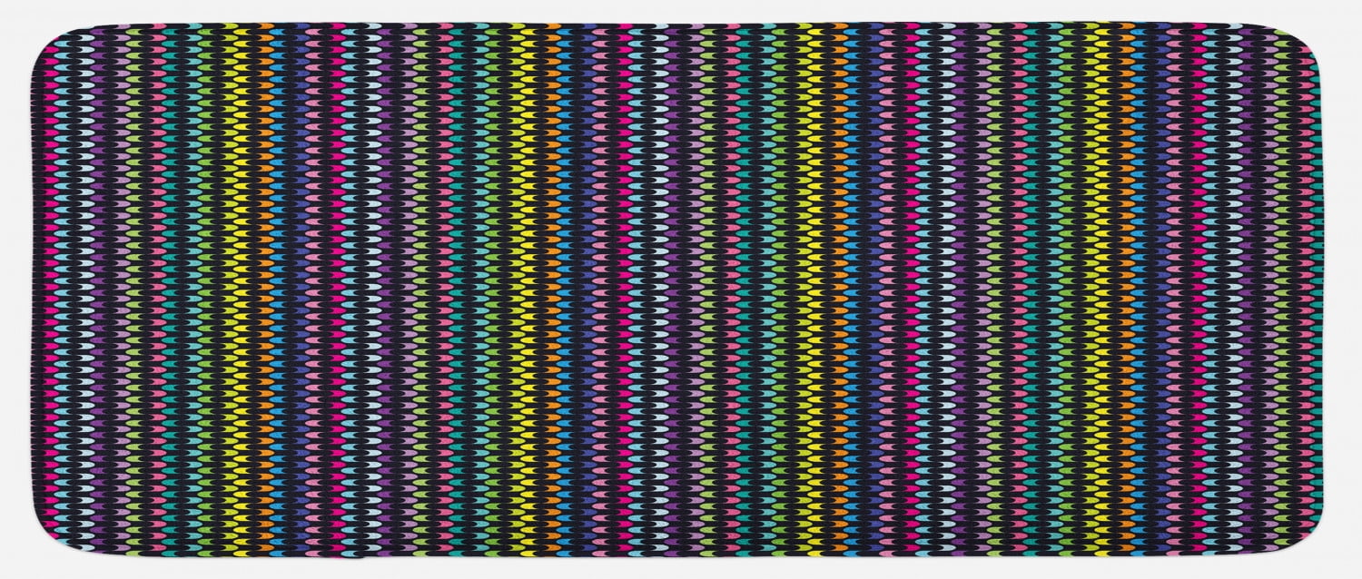 Abstract Kitchen Mat, Curved Stripes with Rainbow Colors on a Dark ...