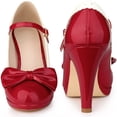 thumbnail image 5 of BLISSFUL STEP Women's Back to School Mary Jane Pumps Ankle Strap Bow Decor Closed Toe Stiletto Heels Red 8.5, 5 of 6