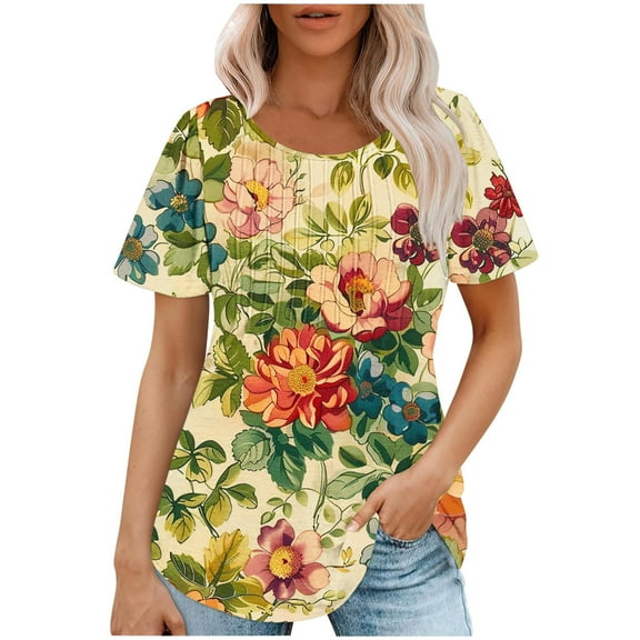 Enjoytime Women's Shirts Top Short Sleeve Flower Printed Shirts Tops Pleated Crew Neck Casual Loose Lightweight Blouses For Women