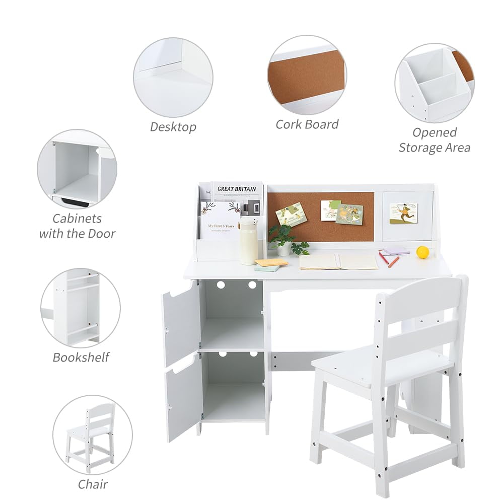 Kids Study Desk and Chair Set, Wooden School Learning Table with Storage, Hutch and Bulletin Board, Children Computer Desk with Chair, Small Toddler Desk for Home, School, White