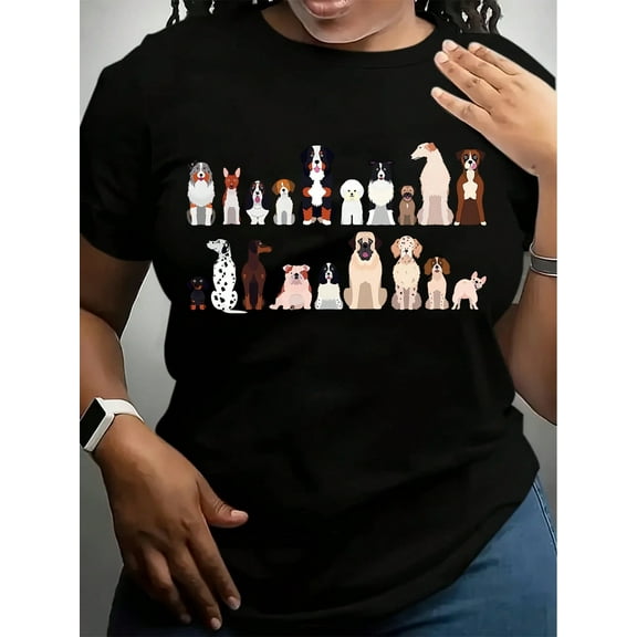 Cute Dog Print Crew Neck T-Shirt, Casual Short Sleeve Top For Spring & Summer, Women's Clothing