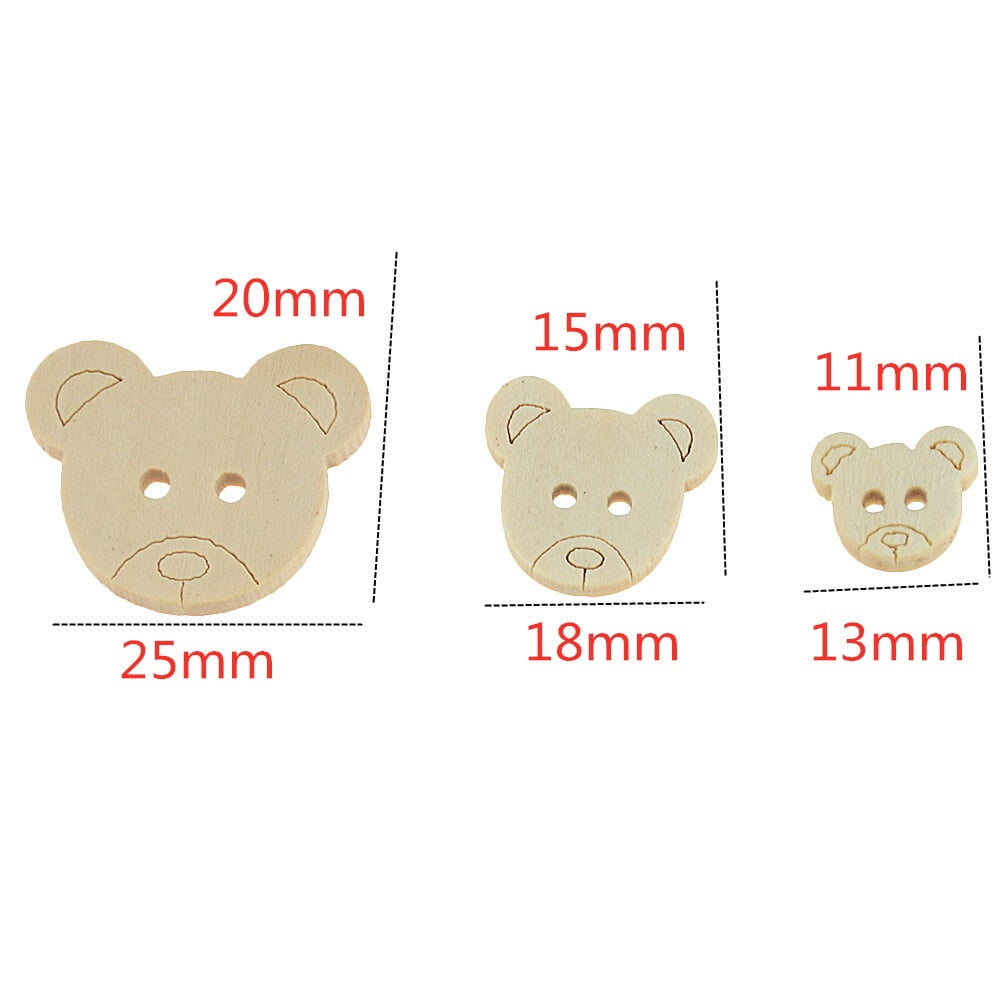 20Pcs Bear Shape Wooden Charms 2 Holes Sewing Buttons for DIY Hand-made Accessories Cloth Decorations 13x11mm/16x18mm/20x25mm