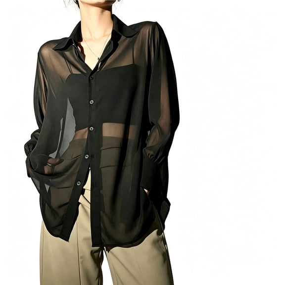 XIAONU Women Solid Sheer Shirt Long Sleeve Collared Button Down Oversized Blouse
