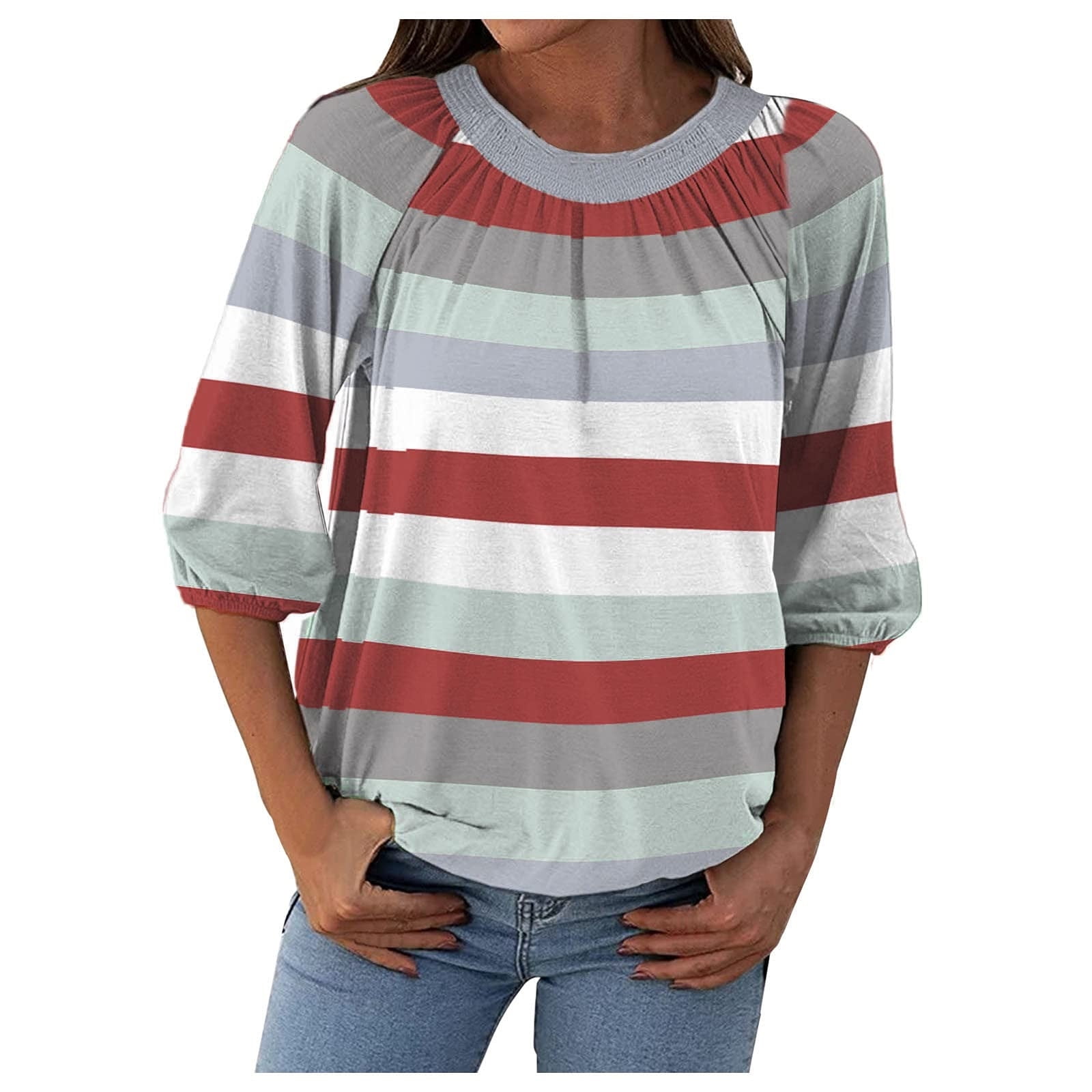 Womens Casual Long Sleeve Round Neck Tops Strip Print Color Shirt Loose