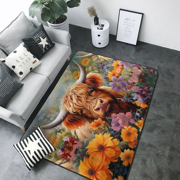 Area Rugs For Living Room Decor - Countryside Colorful Floral Cow Soft Anti Slip Throw Washable Rugs 5x7 For Bedroom, Indoor Carpet For Bedroom Living Room 80x58In