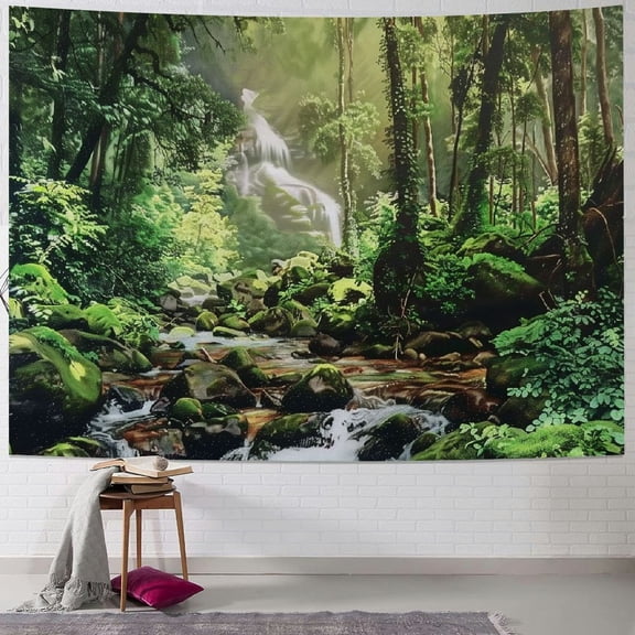 PRATYUS Rainforest Landscape Tapestry Wall Hanging Green Forest Tapestry Road Trees Tapestry Nature Scenery Misty Tapestry for Bedroom Living Room (Green, Multi Size) Painting