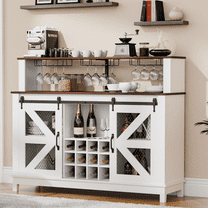 Waleaf Farmhouse Coffee Bar Cabinet with LED Lights, 55" Wine Bar Buffet Cabinet w/Sliding Barn Door & Wine and Glass Rack for Dining Room
