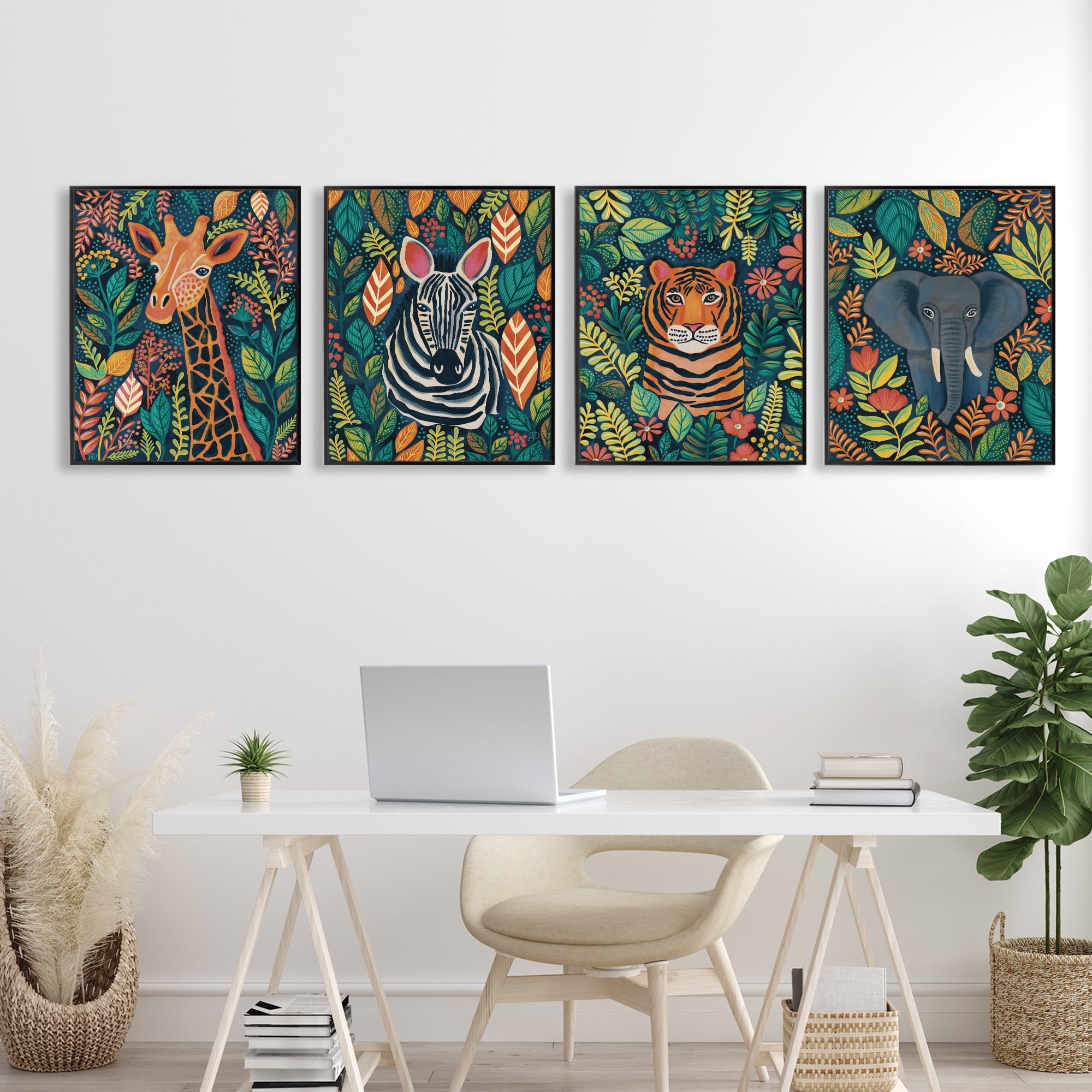 Stupell Industries Jungle Leaf Pattern Animals 4 Piece Black Framed Giclee Art Set, design by Lisa R Dumm