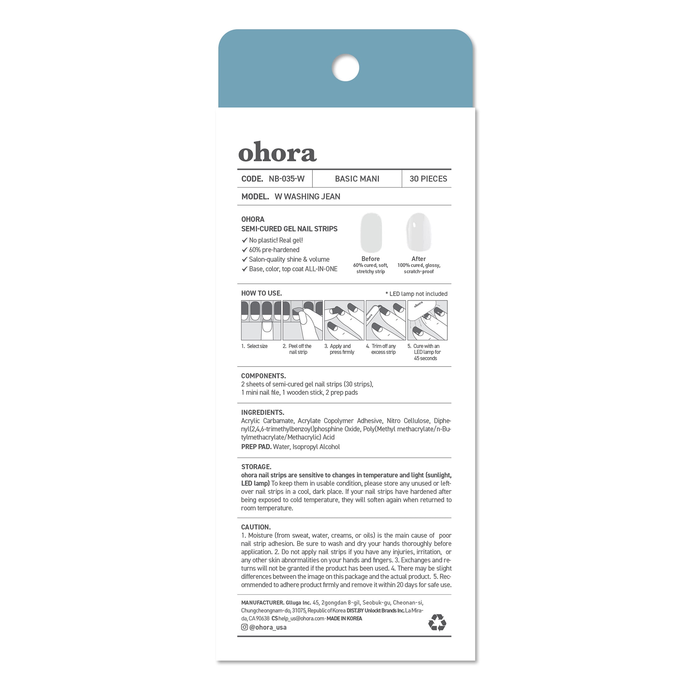 Ohora Semi-Cured Gel Nail Kit, Washing Jean, 30 Count