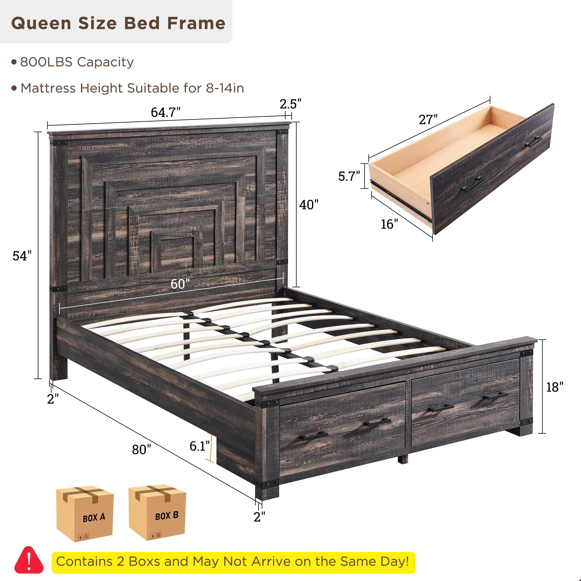OKD Queen Size Bed Frame W/ 54" Tall Geometric Headboard, Farmhouse Wood Platform Bed W/ 2 Large Storage Drawers, No Box Spring Needed, Dark Rustic Oak