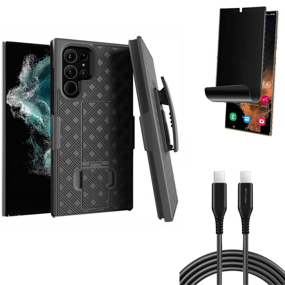 Case Belt Clip & Privacy Screen Protector & 6ft Long USB-C Cable for Samsung Galaxy S22 Ultra (6.8") - Combo Holster Swivel Cover & TPU Film (Fingerprint) Anti-Peep & PD Fast Charger Cord Power Wire