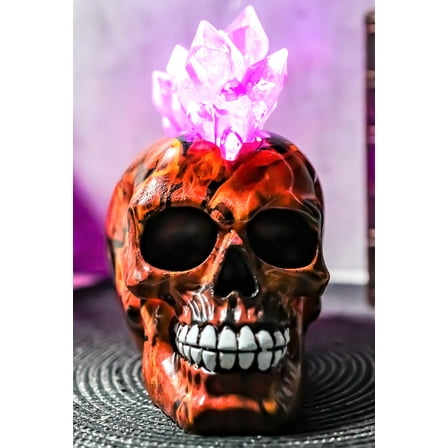 Ebros Colorful LED Light Mohawk Crystal Hair Inferno Red Devil Skull Figurine