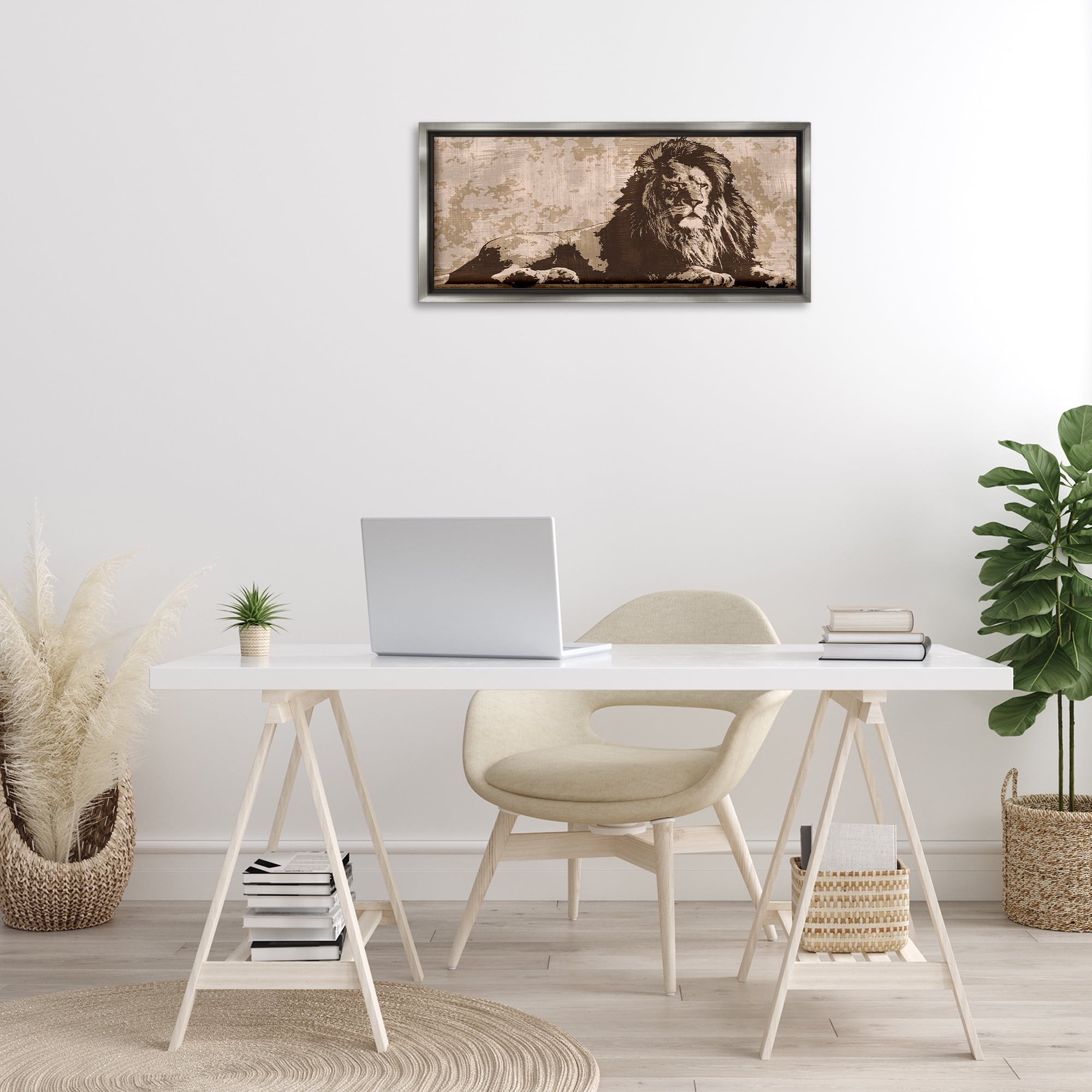 Stupell Industries Rustic Impression Lion Animals Painting Gray Floater Framed Canvas Art Print Wall Art, 31 x 14