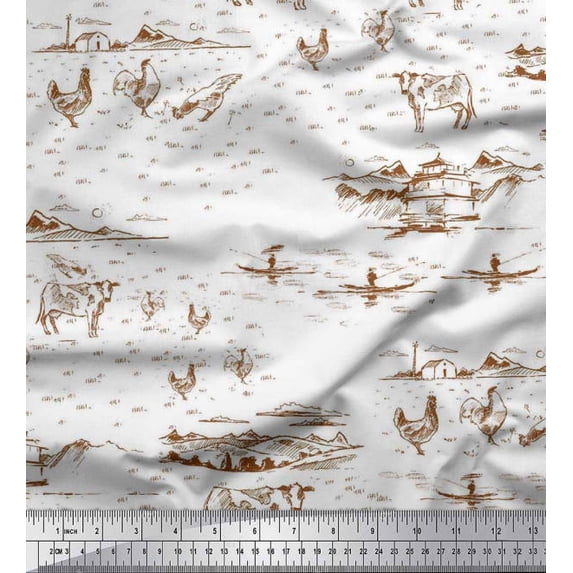 Soimoi Poly Georgette Fabric House,Cock & Cow Farm Printed Fabric 1 Yard 42 Inch Wide