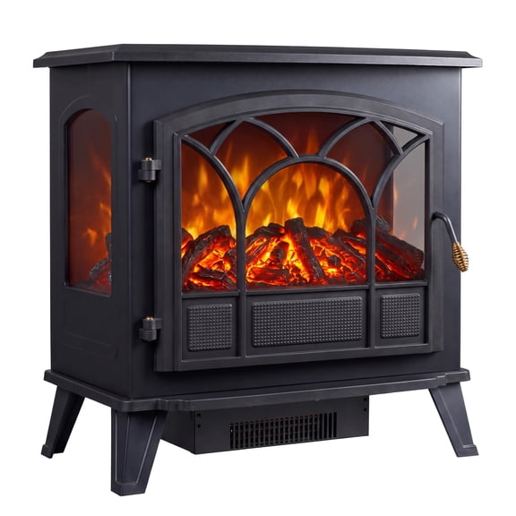 3-Sided Freestanding Electric Fireplace Heater with Realistic LED Flame, Dual Heat & Thermostat – 1500W Portable for Bedroom, Living Room – Black