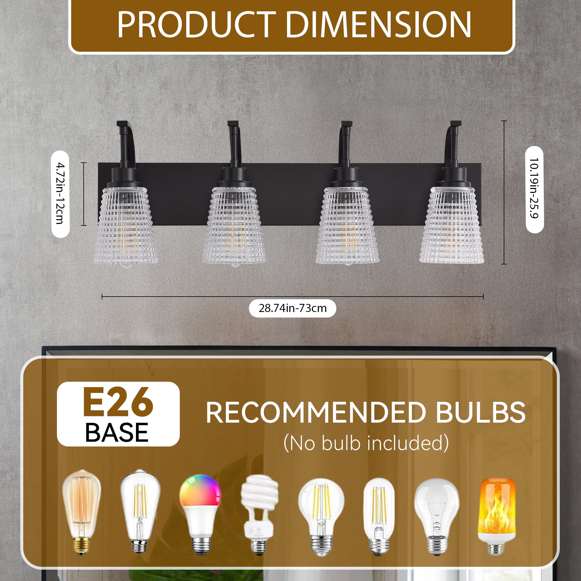 4-Light Matte Black Vanity Light, Modern Farmhouse Bathroom Light Fixture with Clear Rippled Glass Shades for Mirror, 28.74 Inch