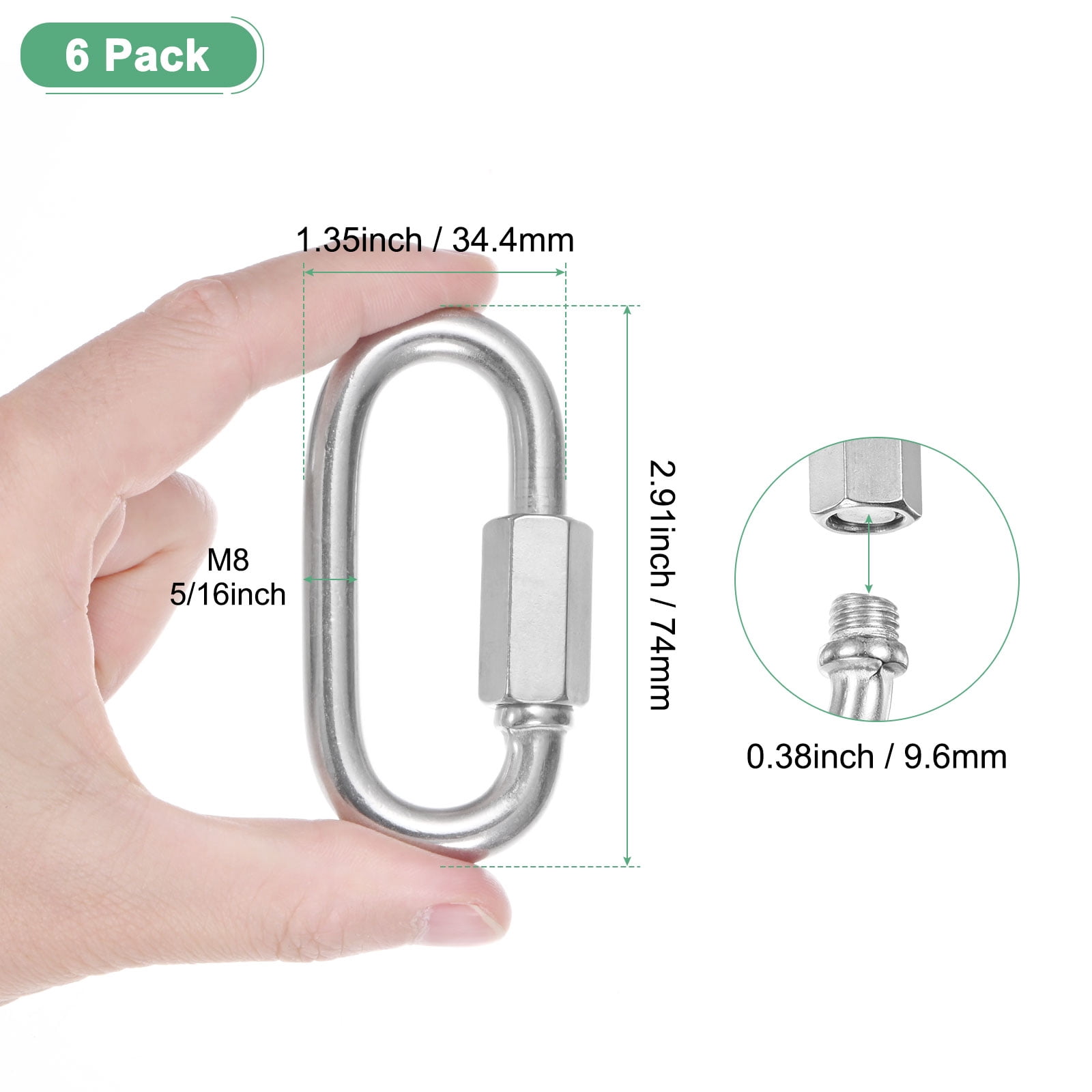 6-Pack Quick Chain Link Connector, M8 5/16 304 Stainless Steel D-Shape Locking Repair Chain Links for Swing/Camping/Hiking/Backpack, Twist Key Ring Screw Chain Link [Silver]