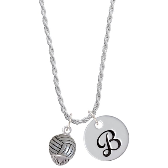 Delight Jewelry Silvertone Volleyball Spinner Silvertone Script Initial Disc - B - Charm Necklace, 20"+3"