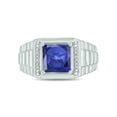 thumbnail image 2 of 1/20cttw Diamond Accent Men's Colored Stone Ring in 925 Sterling Silver, Men's Ribbed Shank Ring with Choice of 8mm Created Aquamarine, or Blue or White Sapphire, Silver Stone and Diamond Ring Men, 9, 2 of 7