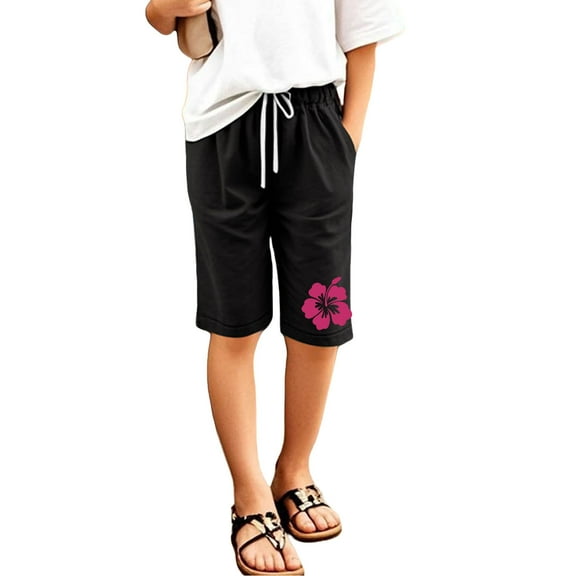 RUTAYY Children Girls Knee Length Shorts floral Printed Solid Color Pants Have Elastic Waist with Drawstring Pockets Casual Daily Wear elegant Fashion Trousers
