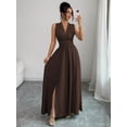 thumbnail image 4 of Womens Chocolate Brown Sleeveless V-Neck Maxi Dress With Side Slit And Bow, 4 of 8