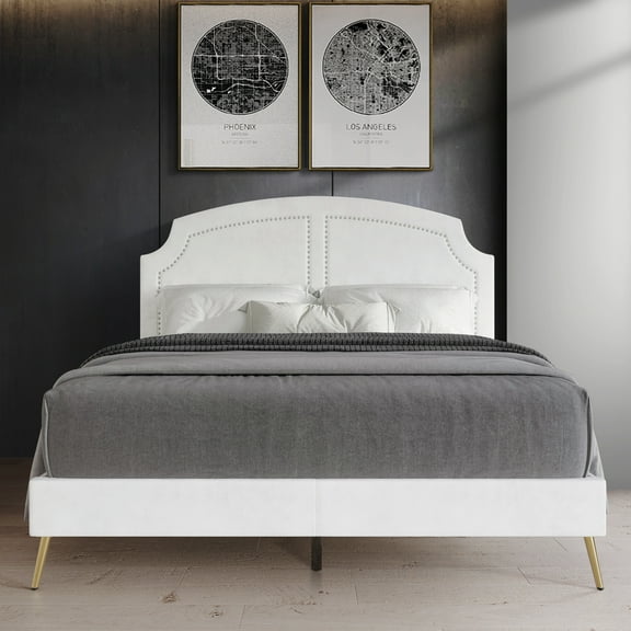 Castle Place Glam Upholstered Velvet Nailhead Trimmed Queen Bed, White