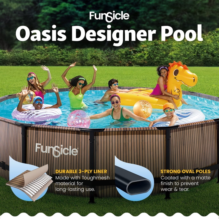 ENJOY LIFE ビニールプール グレー3メートル Funsicle, Above Ground Pool, 14ft x 42in Round Oasis, Natural Teak
