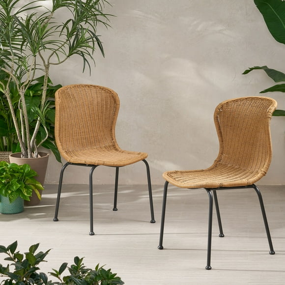 Outdoor Boho Rattan Dining Chairs (Set of 2), Wicker Patio Chairs with Metal Legs, Perfect for Garden or Deck Dining, Light Brown