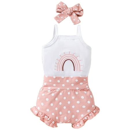 

Zlekejiko Summer Baby Girl Rainbow Embroidered Camisole Romper Polka Dot Shorts Three Piece Set Baby Pants Set Fashion Baby Clothes Headband Baby Girl Going Home Girl Outfit