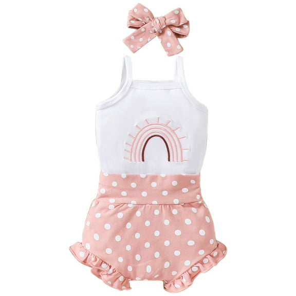 Summer Baby Girl Rainbow Embroidered Camisole Romper Polka Dot Shorts 3Pcs Clothes Outfit Kids Girl Beach Casual Set