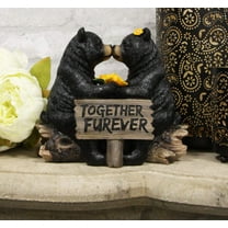 Ebros Romantic Black Bear Couple Kissing by Wooden Log Statue 7" Tall Whimsical Black Bear Family Together Furever Decorative Figurine