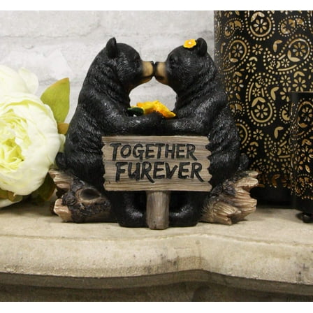 Ebros Romantic Black Bear Couple Kissing by Wooden Log Statue 7" Tall Whimsical Black Bear Family Together Furever Decorative Figurine