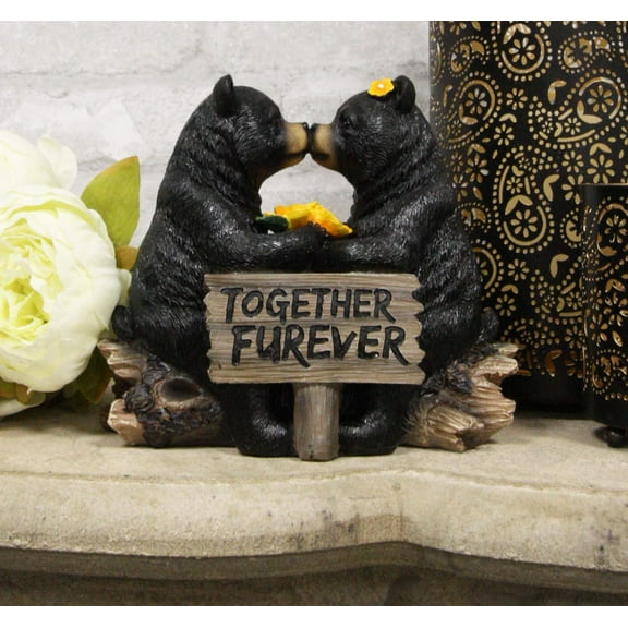 Ebros Romantic Black Bear Couple Kissing by Wooden Log Statue 7" Tall Whimsical Black Bear Family Together Furever Decorative Figurine
