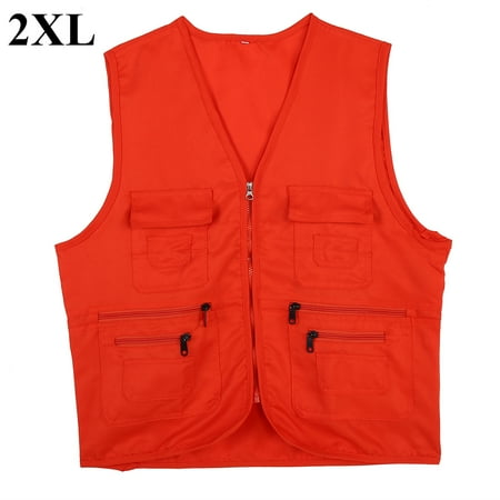 Men Outdoor Fishing Vest Hunting Jacket Comfort Sportswear Multi Pockets (Orange 2XL)