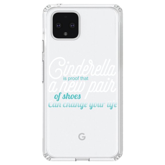 DistinctInk Clear Shockproof Hybrid Case for Google Pixel 4 XL (6.3" Screen) - TPU Bumper Acrylic Back Tempered Glass Screen Protector - Cinderella New Pair of Shoes Can Change Your Life