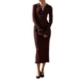 thumbnail image 3 of Womens V Neck Bodycon Sweater Dress Long Sleeve Half Button Slim Fitted Ruffle Ribbed Knit Maxi Pencil Dress Brown M, 3 of 9