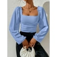 thumbnail image 2 of Women'S Square Neck Long Sleeve Crop Tops Puff Sleeve Ruched Blouse Blue S, 2 of 8