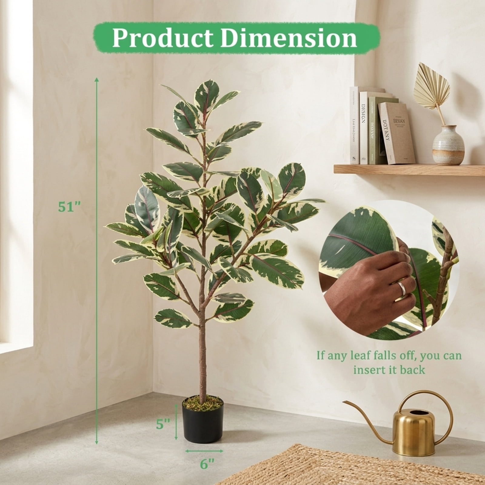 Vebreda 2-Pack 51-Inch Artificial Variegated Rubber Trees in Cement-Filled Pots, Faux Ficus Elastica Plants for Indoor Decoration
