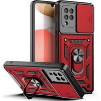 Rugged Case for Samsung Galaxy A42 5G Shockproof Phone Case with Camera Lens Slide Cover and Ring Holder Kickstand, Support Magnet Car Mount, Military Grade Heavy Duty Protection Cover, Red