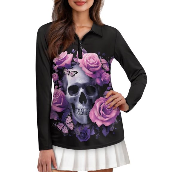 Chririnla Gothic Skull Rose Womens Long Sleeve Workout Tops Golf Shirts for Woman UPF 50 UV Sun Protection Athletic Shirts Quarter Zip Pullover 4-Way Stretch Breathable Material for Comfort