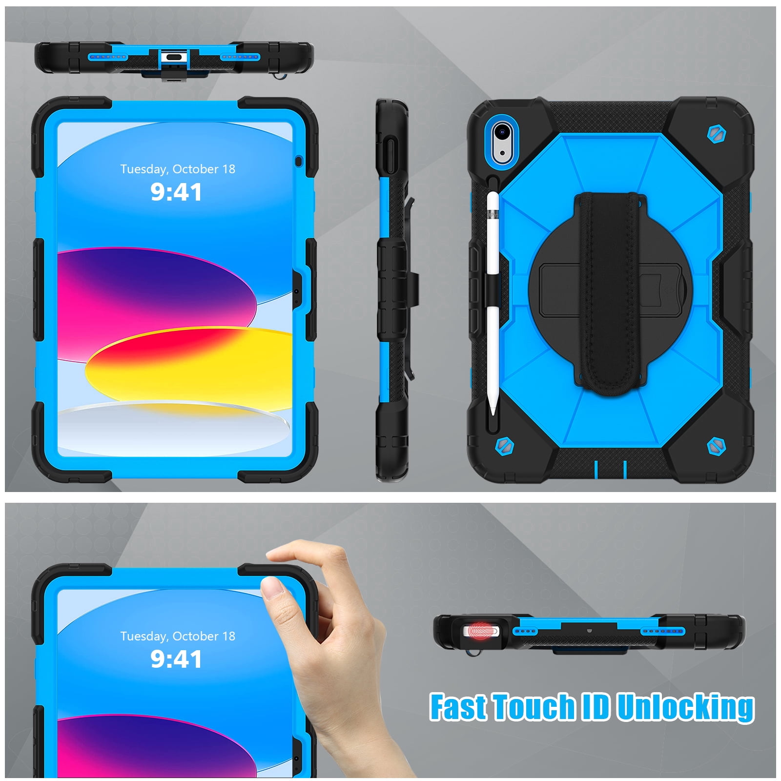 ELEHOLD Rugged Hybrid Case for iPad 11th Gen (A16) 2025 11-inch,with Built-in Kickstand 360° Rotating Handstrap Pencil Holder Crossbody Shoulder Strap Shockproof Heavy Duty Case,Black/Blue