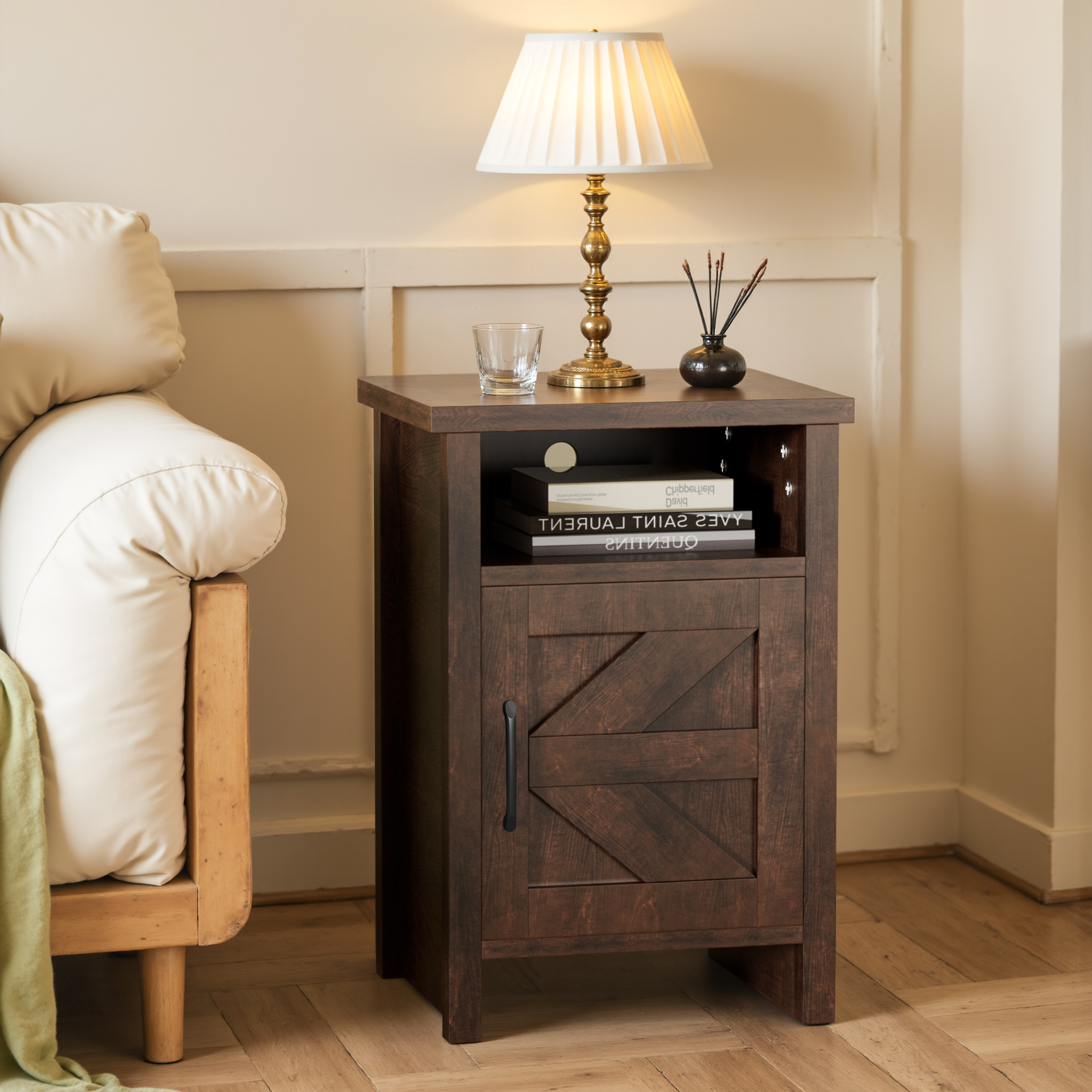 Vineego 1 Piece Farmhouse Nightstand with Storage Shelves Bedside Tables for Bedroom Modern Wood Side Table Living Room, Dark Brown