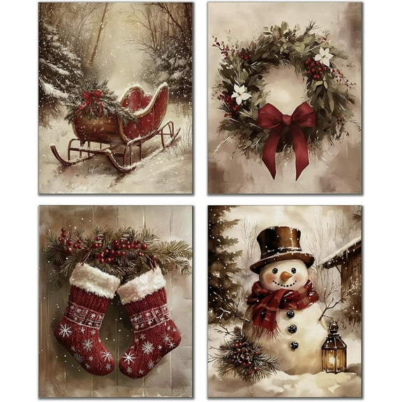 Hieng Winter Christmas Wall Art Prints Set of 4, Farmhouse Christmas Decor, Rustic Winter Santa Reindeer Forest Village Landscape Posters for Home Bedroom Living Room Decor Unframed