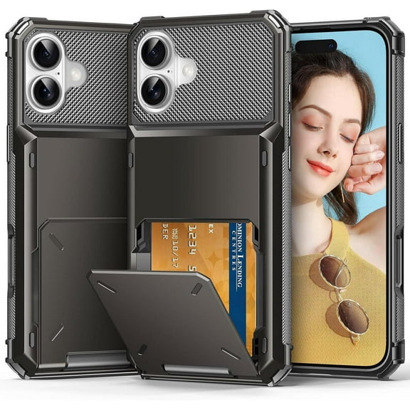 Compatible with iPhone 16 Case with Card Holder [Store 5 Cards] Heavy Duty Dual Layer Shockproof Wallet Case with Hidden Card Slot Large Storage Cover for iPhone 16 6.1 inch
