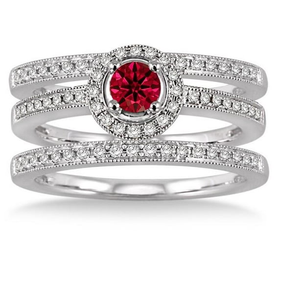 2.75 Carat Red Ruby Round Cut And Diamond Moissanite Trio Set Halo Ring on 10k White Gold