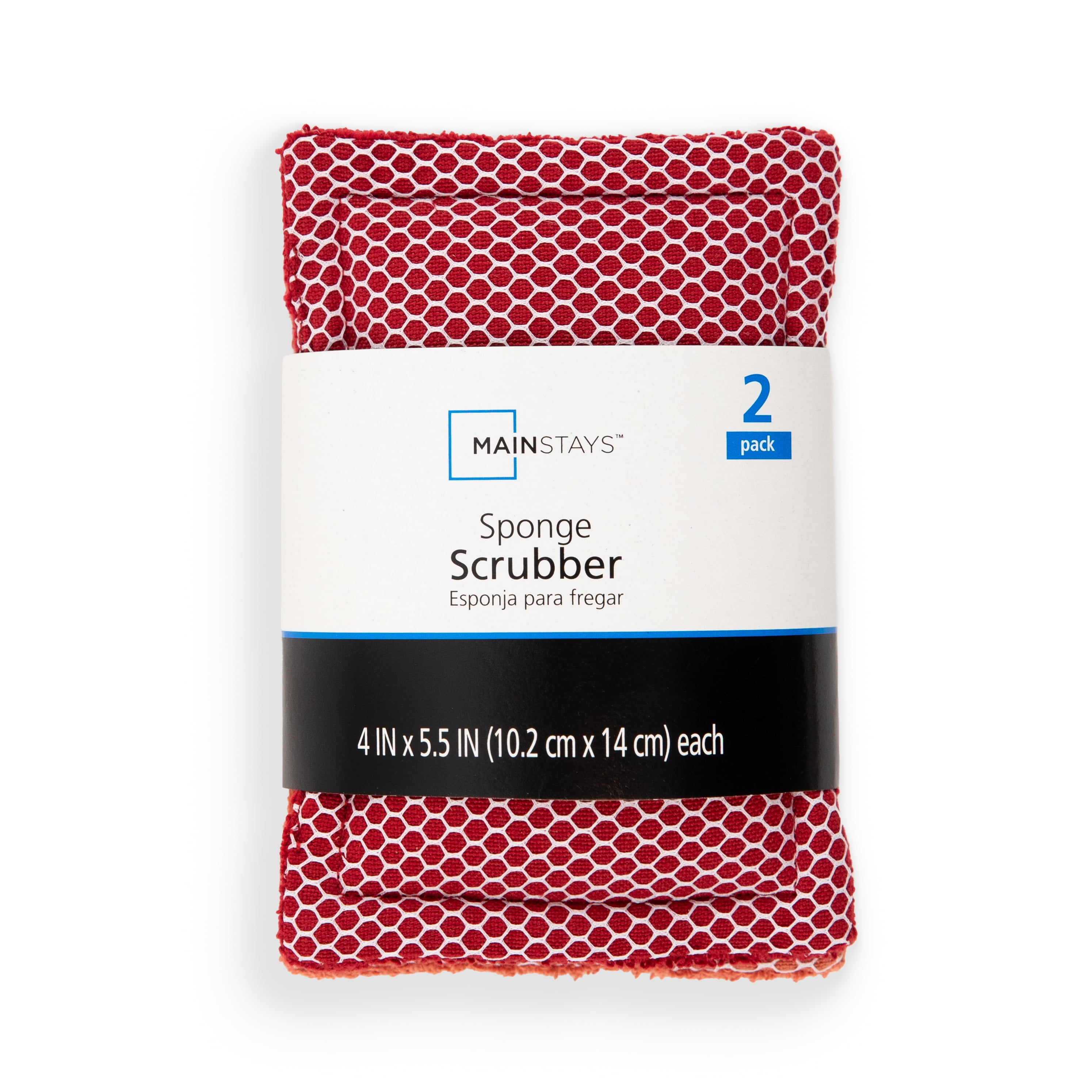 Mainstays Sponge Scrubbers, 4.5 x 5 inches, 100% Cotton Shell, 2 Count per Pack, Red