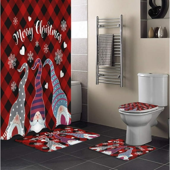 FMSHPON Christmas Gnome 4 Piece Bathroom Set Shower Curtain Bath Rug Contour Mat and Toilet Lid Cover
